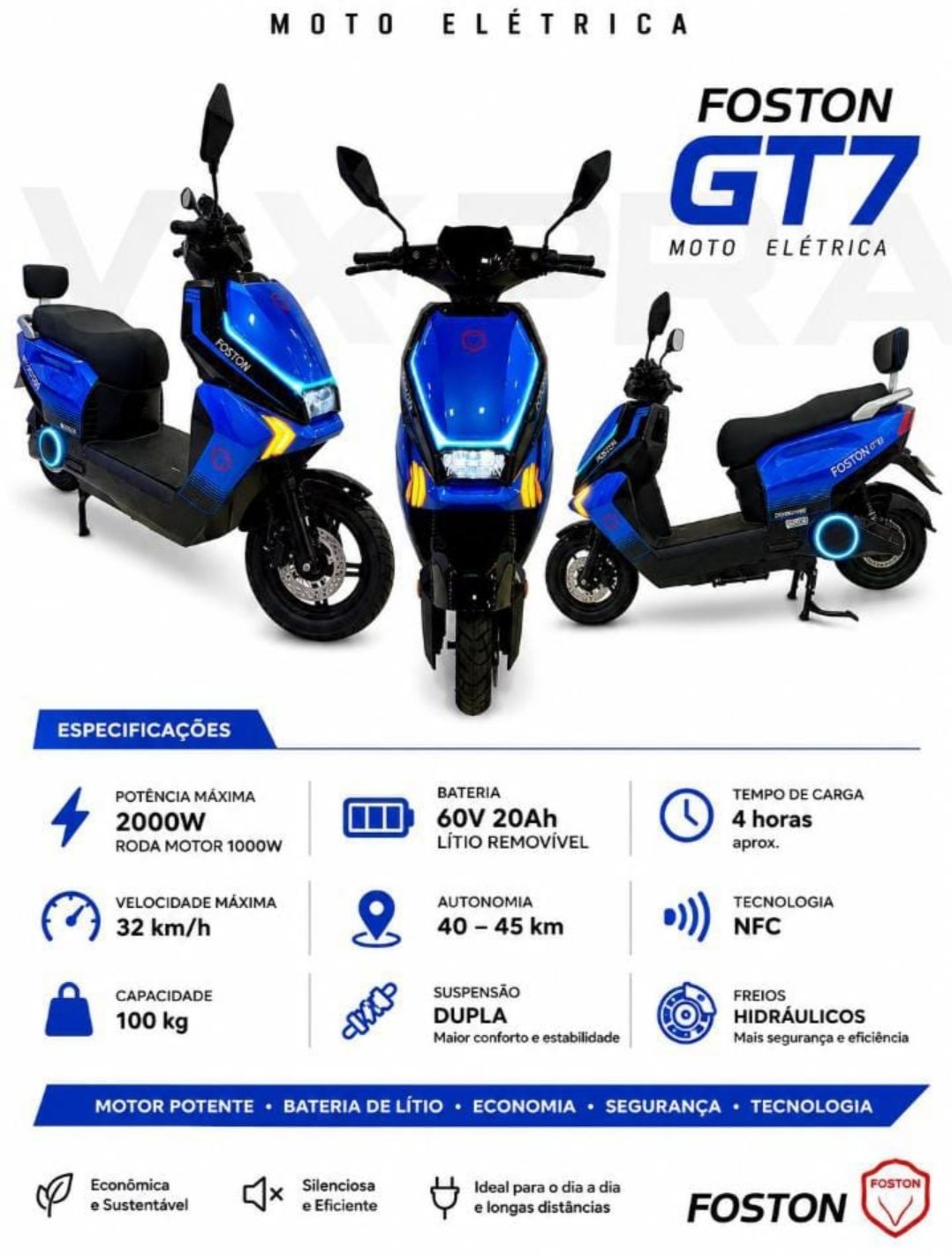 MOTO ELETRICA FOSTON GT7 1000W VELOCIDADE 32KM/H